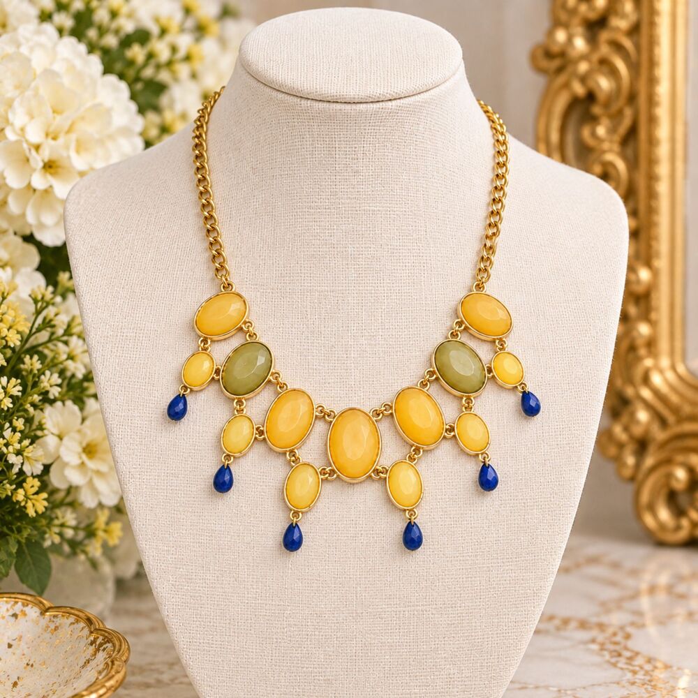 Gold Tone Yellow Green Faceted Acrylic Statement Necklace